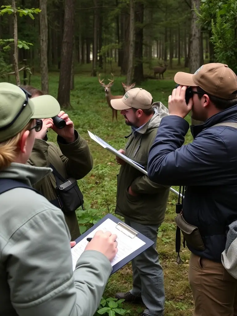 A wildlife monitoring team in action, using camera traps and tracking technology to study local animal populations and assess the health of the ecosystem.