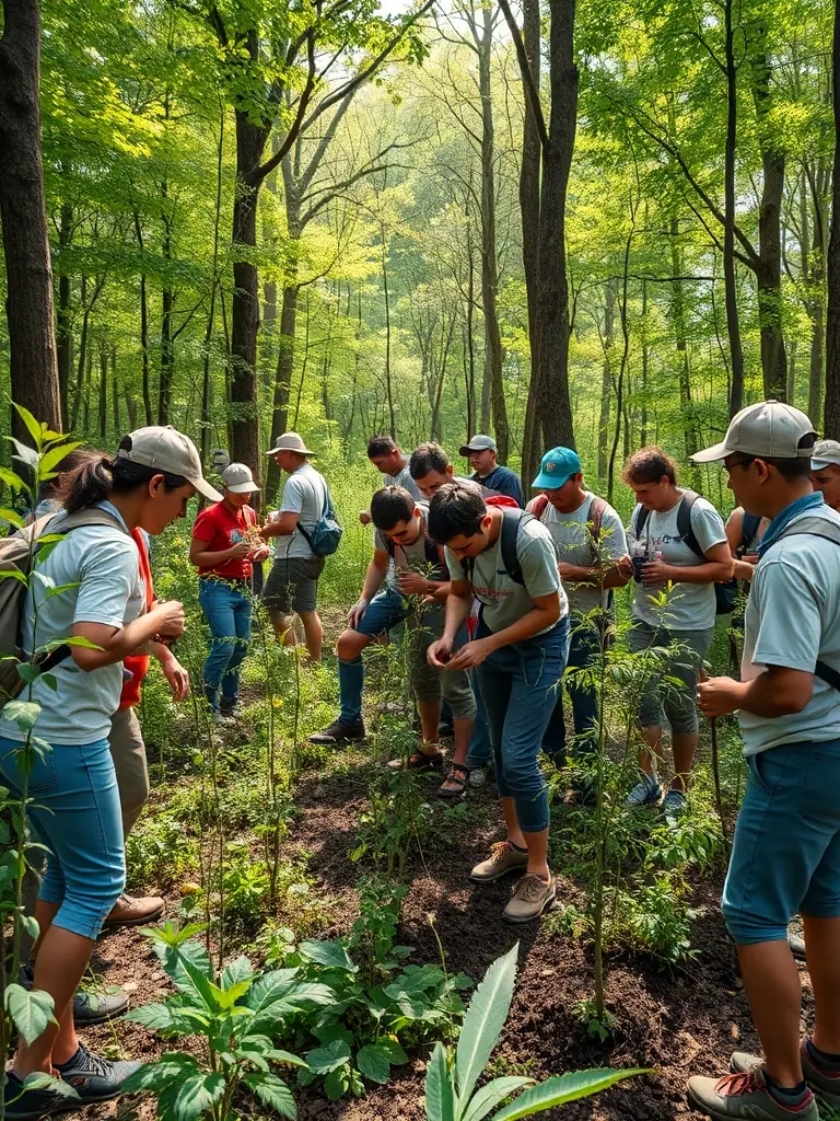 Volunteers planting trees as part of a reforestation initiative, contributing to habitat restoration and carbon sequestration in the Val de Cère region.