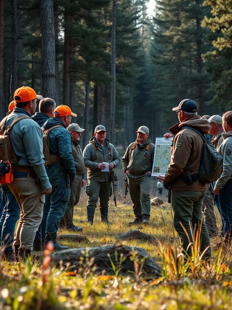 A group of local hunters participating in a workshop on responsible hunting practices, learning about sustainable techniques and ethical considerations.