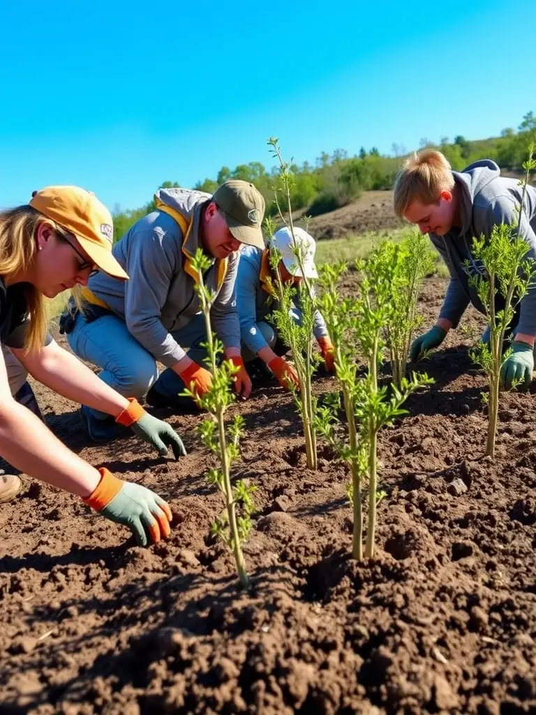 A group of volunteers planting trees in a deforested area, symbolizing community involvement and environmental restoration efforts by AICA DU VAL DE CERE.